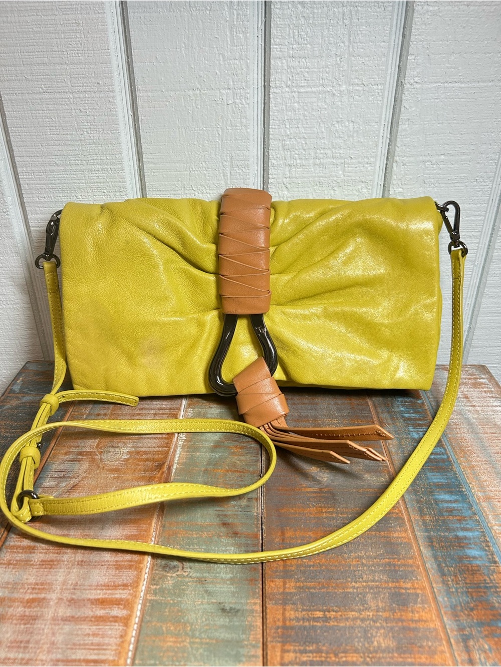 Halston Heritage Yellow Leather Crossbody with Tan Wrap Detail